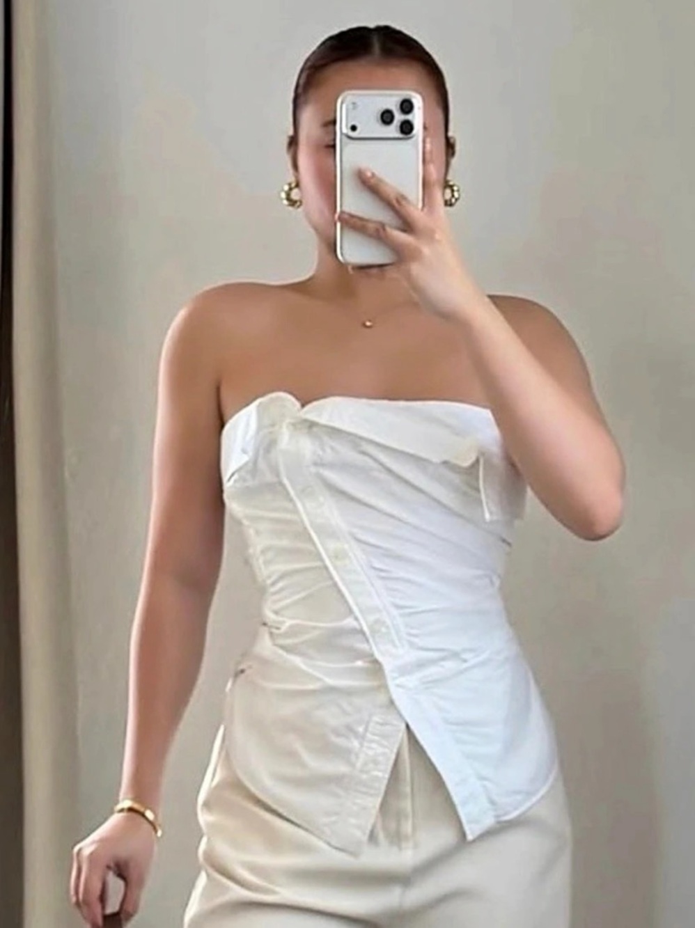 Zara Asymmetric Pleated Top White Button Front Size XS